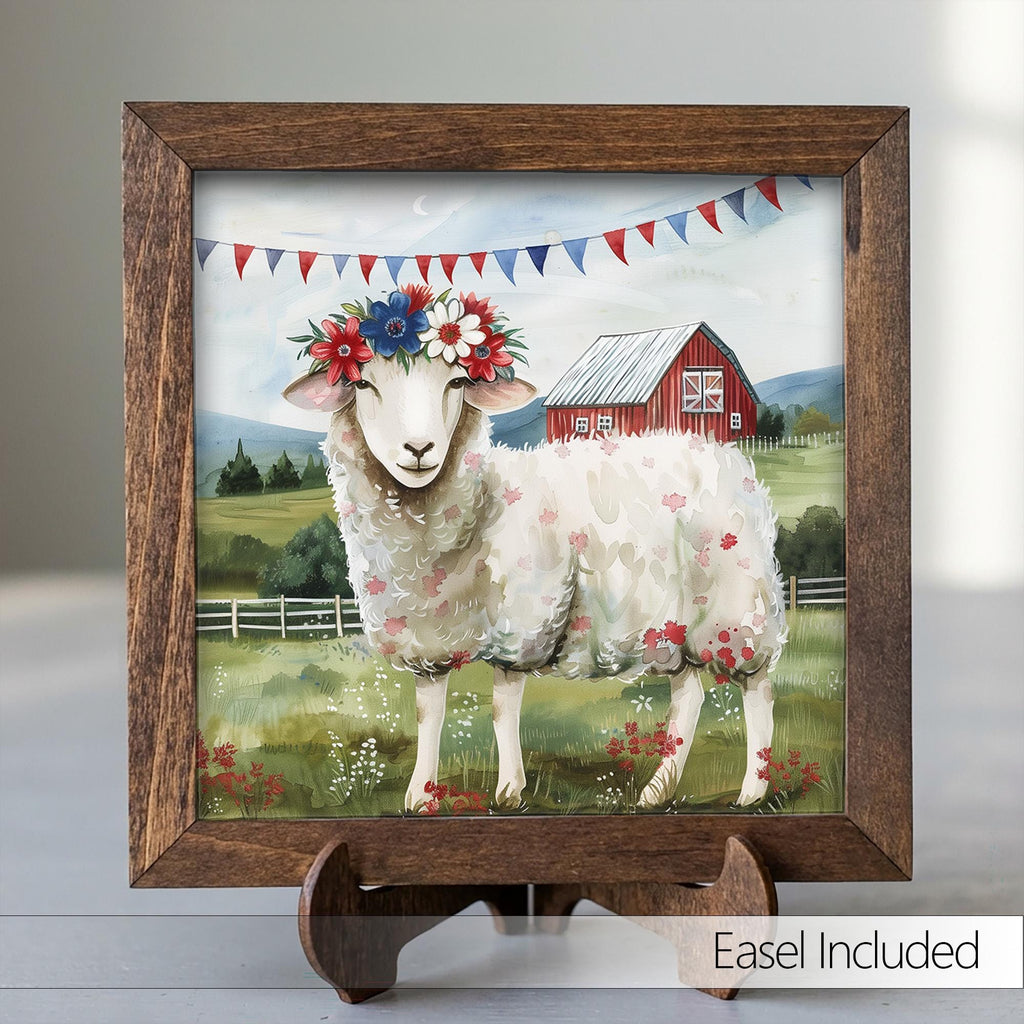 Patriotic Sheep Sign | 4th of July Farmhouse Decor | Rustic Tiered Tray | Red White Blue Farm Animal | Independence Day Gift - TheGrumpyRooster