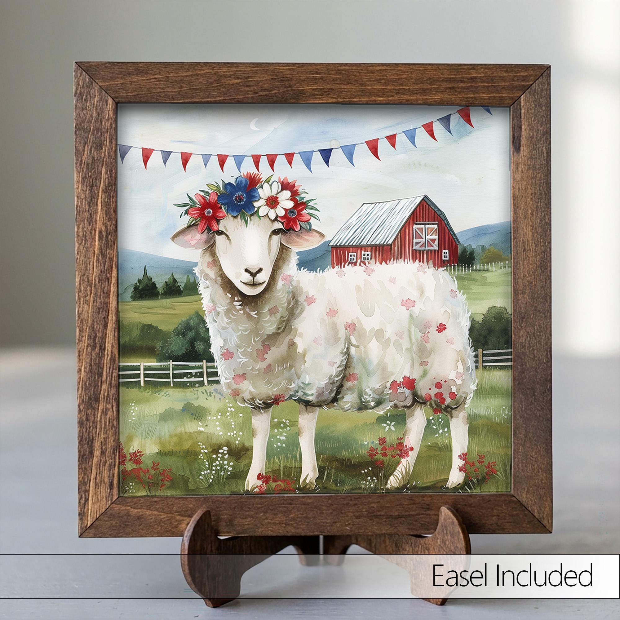 Patriotic Sheep Sign | 4th of July Farmhouse Decor | Rustic Tiered Tray | Red White Blue Farm Animal | Independence Day Gift - TheGrumpyRooster