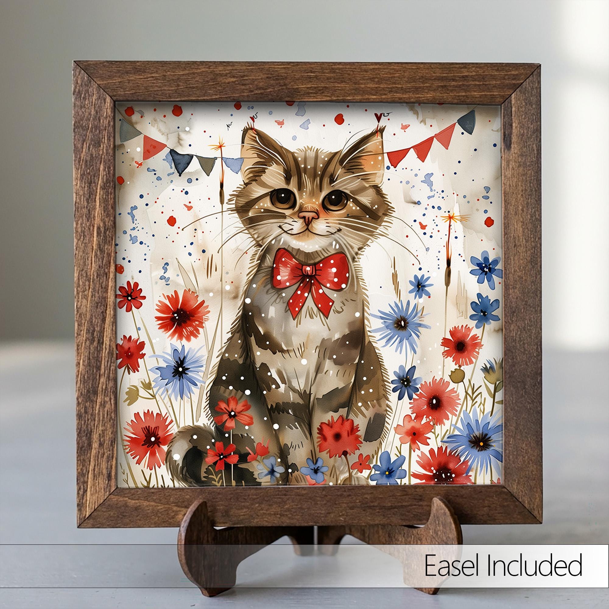 Patriotic Cat Wall Art Print | 4th of July Cat Lover Gift | Red White Blue Floral Kitten Decor | Independence Day Farmhouse Sign - TheGrumpyRooster