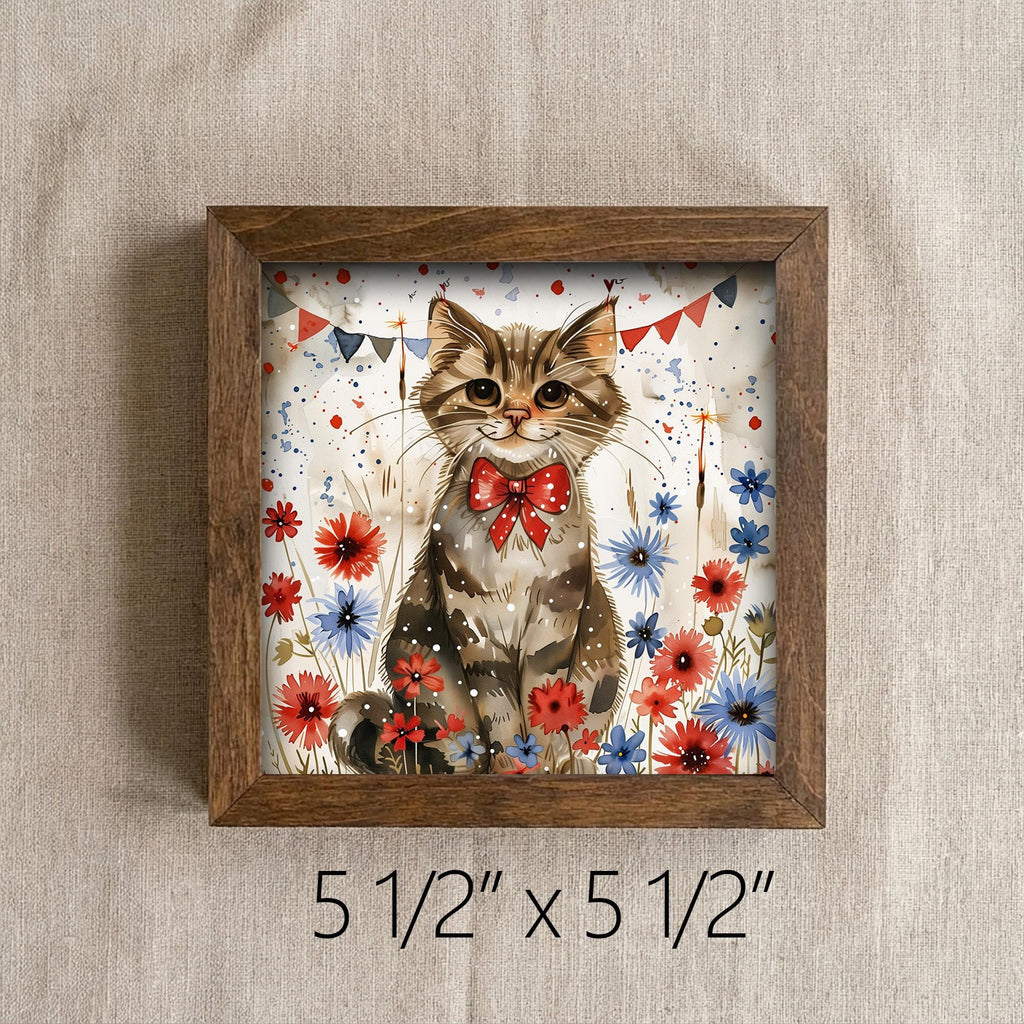 Patriotic Cat Wall Art Print | 4th of July Cat Lover Gift | Red White Blue Floral Kitten Decor | Independence Day Farmhouse Sign - TheGrumpyRooster