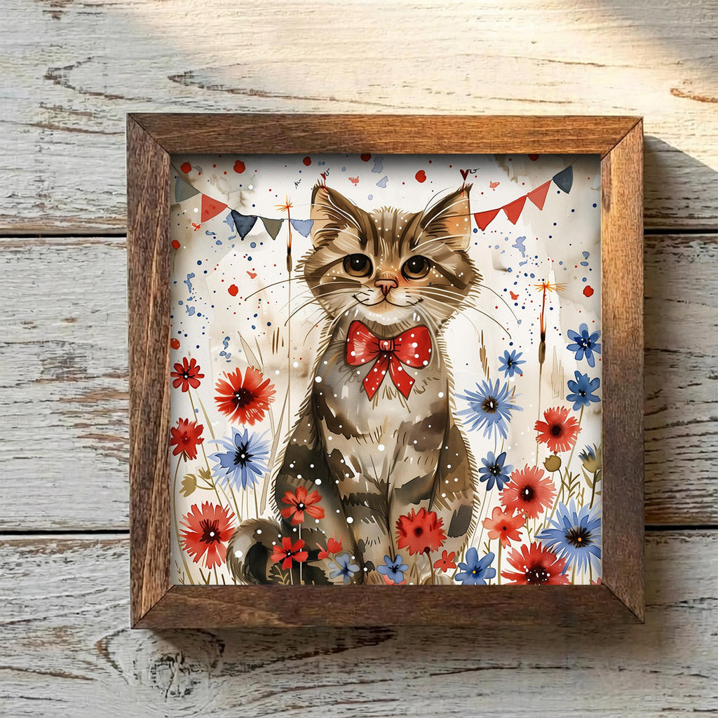 Patriotic Cat Wall Art Print | 4th of July Cat Lover Gift | Red White Blue Floral Kitten Decor | Independence Day Farmhouse Sign - TheGrumpyRooster