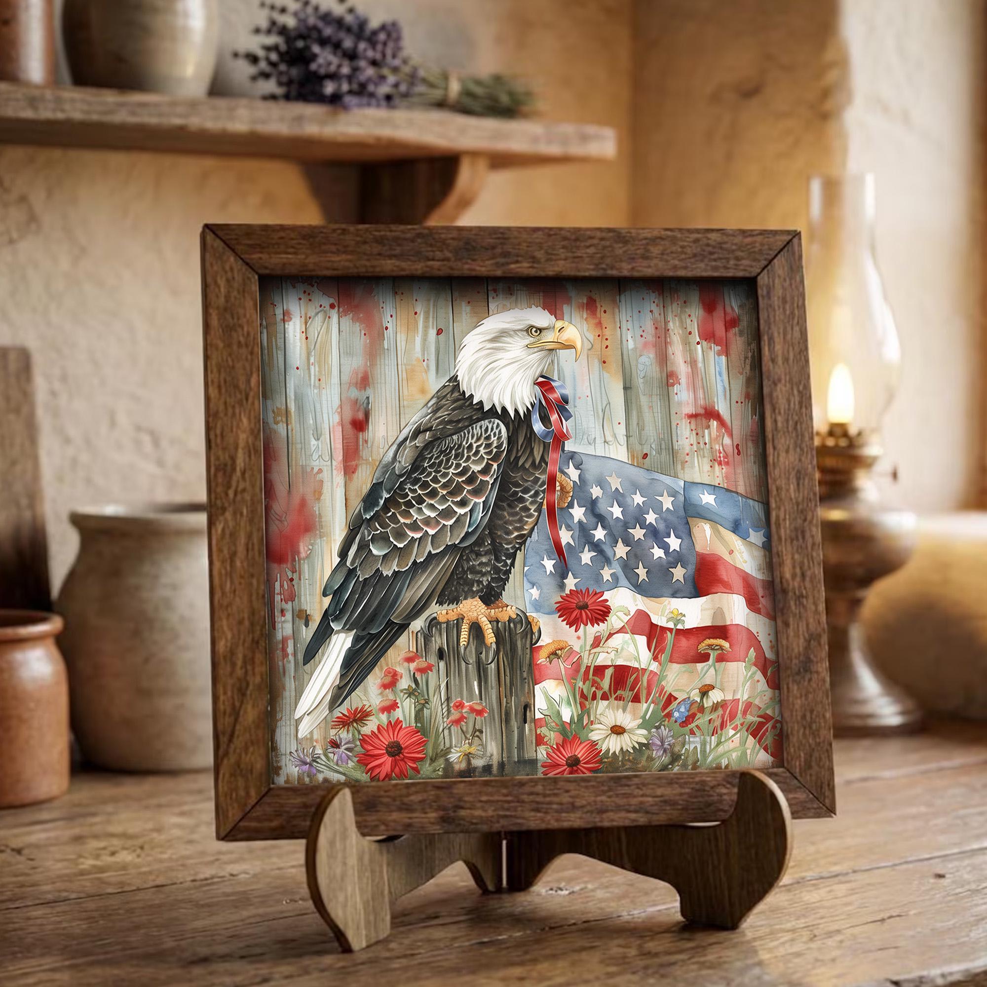 Patriotic Bald Eagle Sign | American Flag Wall Decor | 4th of July Gift | Rustic Farmhouse USA Pride | Wood Framed Patriotic Home Decor - TheGrumpyRooster