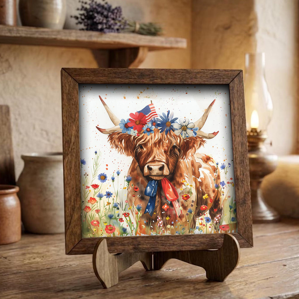 Patriotic Highland Cow Wall Art | 4th of July Farmhouse Decor | Rustic Country Home Gift | Wildflower Print Sign - TheGrumpyRooster