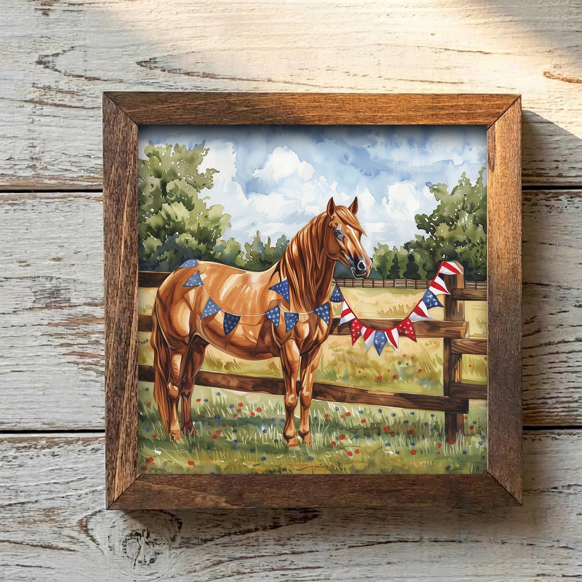 Patriotic Horse Wall Art | 4th of July Farmhouse Decor | Rustic American Flag Print | Country Home Gift | Red White Blue Americana - TheGrumpyRooster