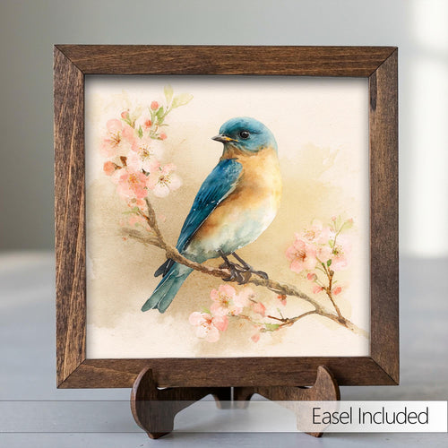 Bluebird Cherry Blossom Sign | Watercolor Spring Bird Art, Rustic Farmhouse Decor - TheGrumpyRooster