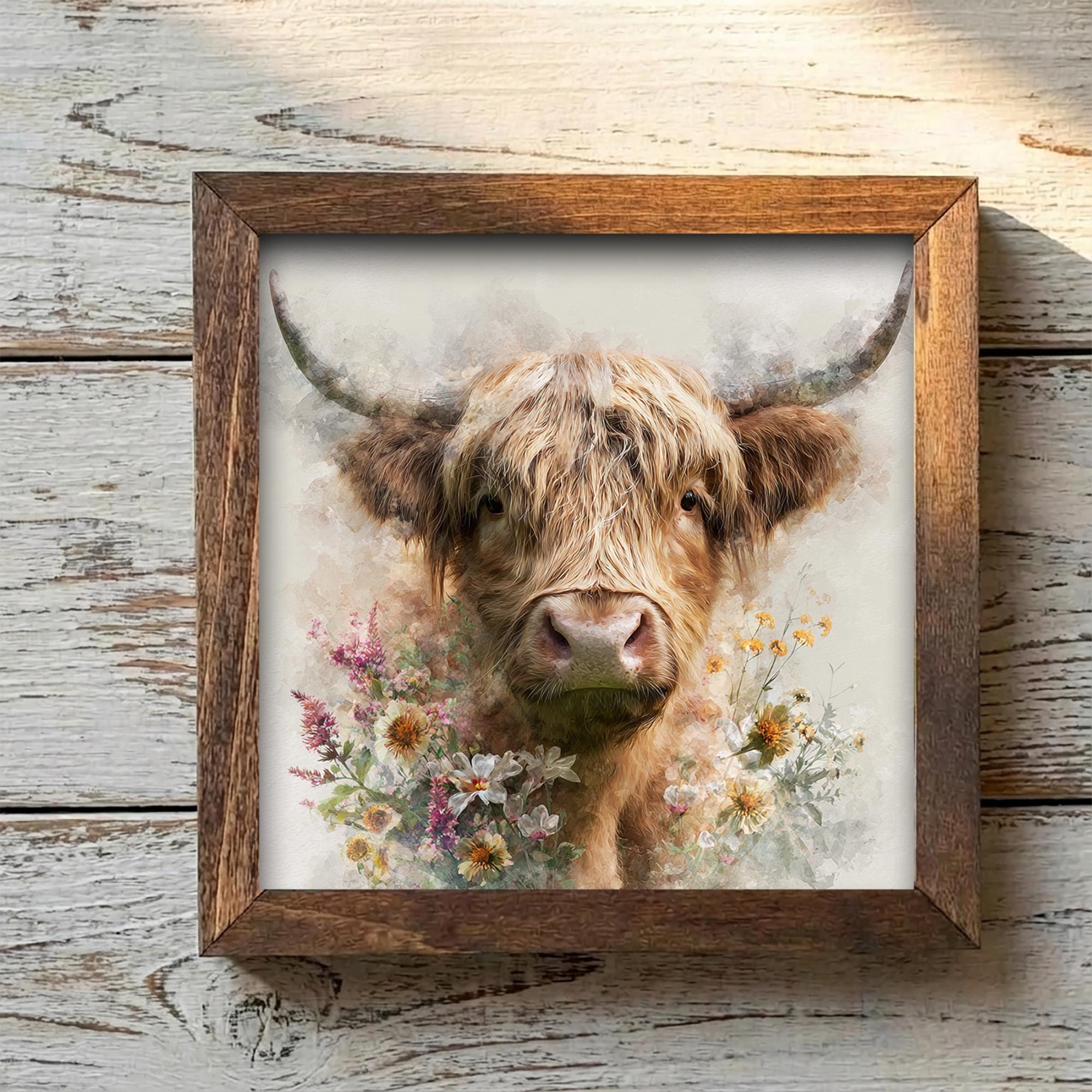 Watercolor Highland Cow Print | Floral Farmhouse Wall Art | Rustic Cottagecore Decor | Cute Cow Lover Gift | Boho Home Decor - TheGrumpyRooster