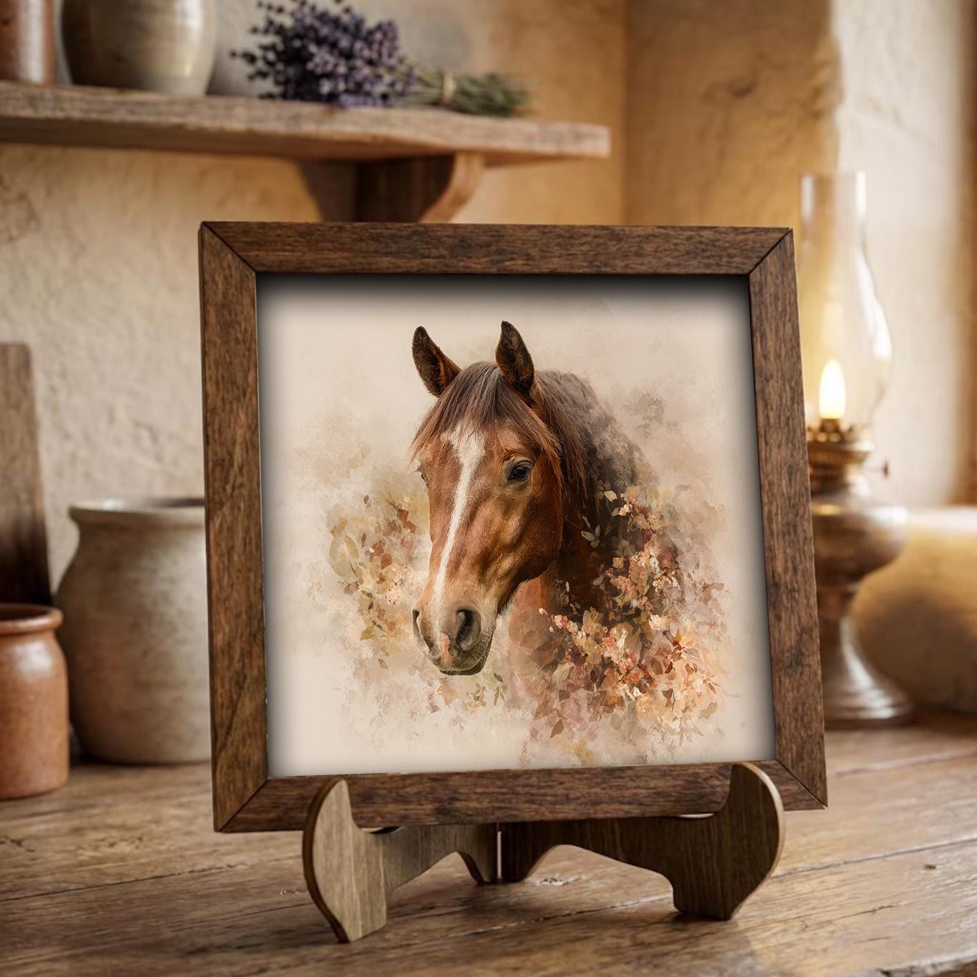 Rustic Floral Horse Print | Farmhouse Wall Art | Watercolor Horse Portrait | Cottagecore Decor | Gift for Horse Lover - TheGrumpyRooster