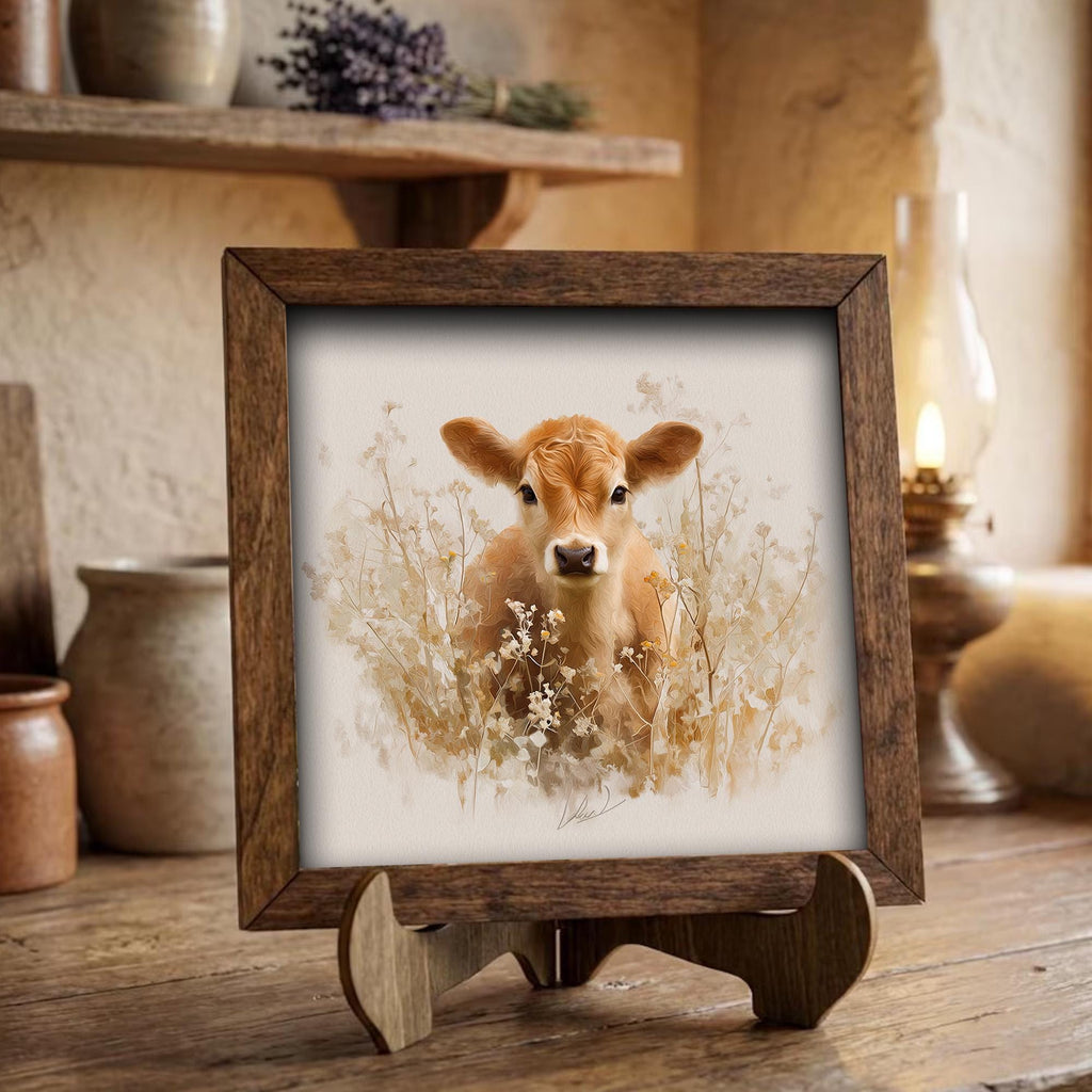 Highland Cow Calf Framed Wood Art | Rustic Farmhouse Animal Decor | Spring Farmhouse Shelf Decor | Country Home Gift - TheGrumpyRooster