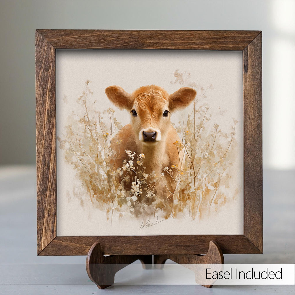 Highland Cow Calf Framed Wood Art | Rustic Farmhouse Animal Decor | Spring Farmhouse Shelf Decor | Country Home Gift - TheGrumpyRooster