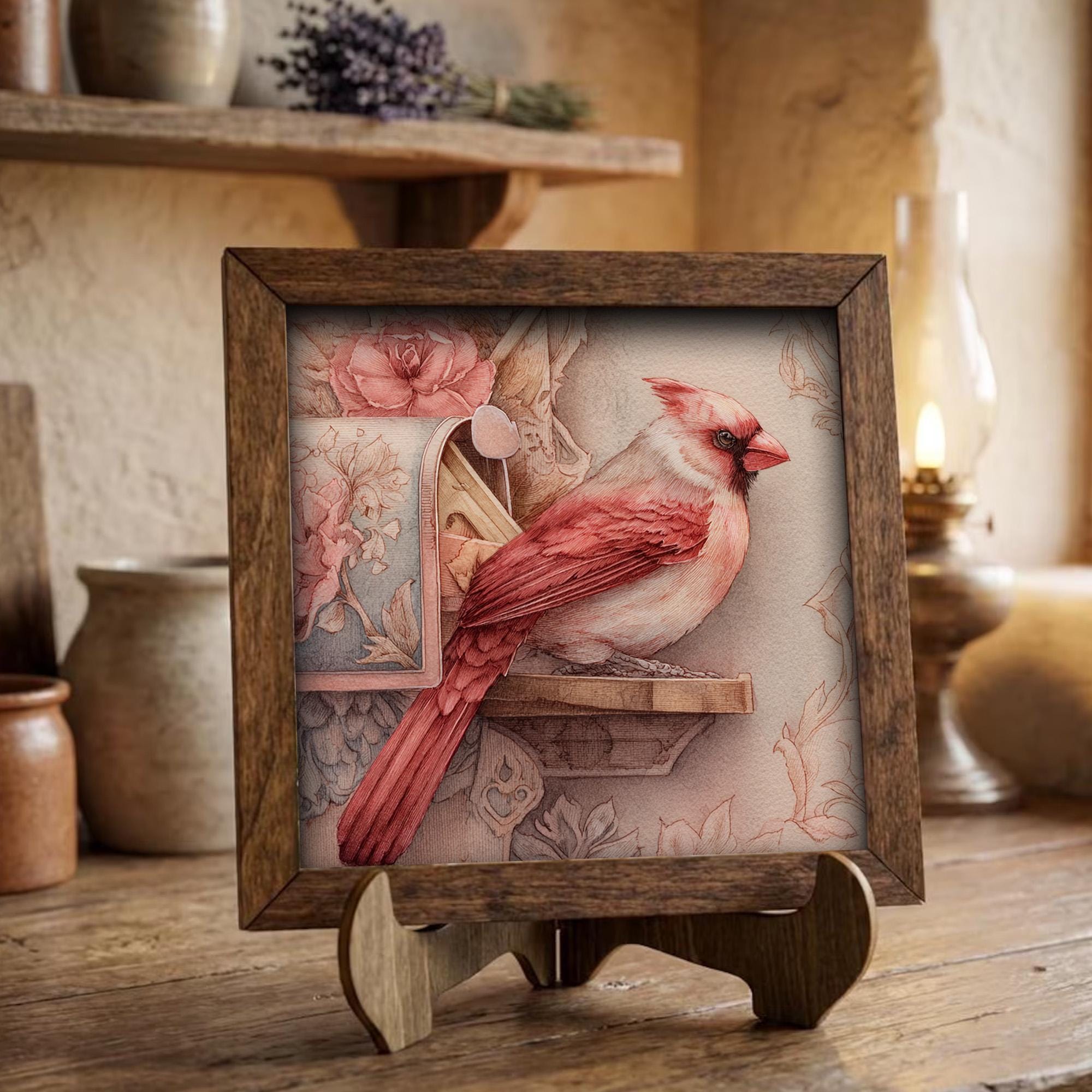 Cardinal Bird Decor | Farmhouse Framed Bird Decor | Rustic Tiered Tray Decor | Gift for Bird Lover - TheGrumpyRooster