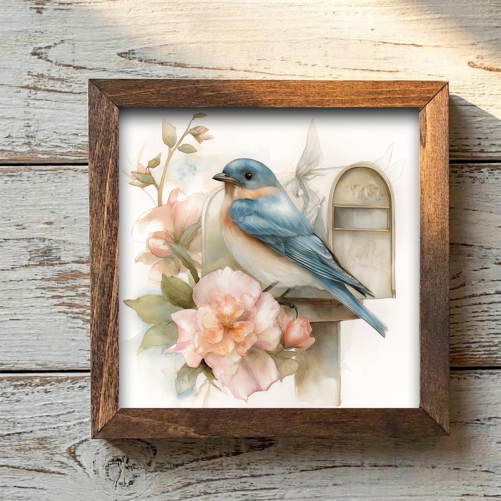 Bluebird Decor | Farmhouse Bird Framed Decor | Spring Floral Bird Art | Tiered Tray Decor Gift - TheGrumpyRooster