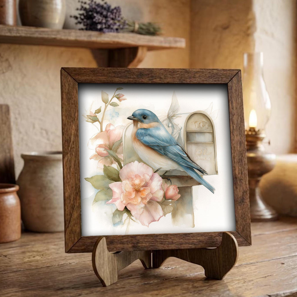 Bluebird Decor | Farmhouse Bird Framed Decor | Spring Floral Bird Art | Tiered Tray Decor Gift - TheGrumpyRooster