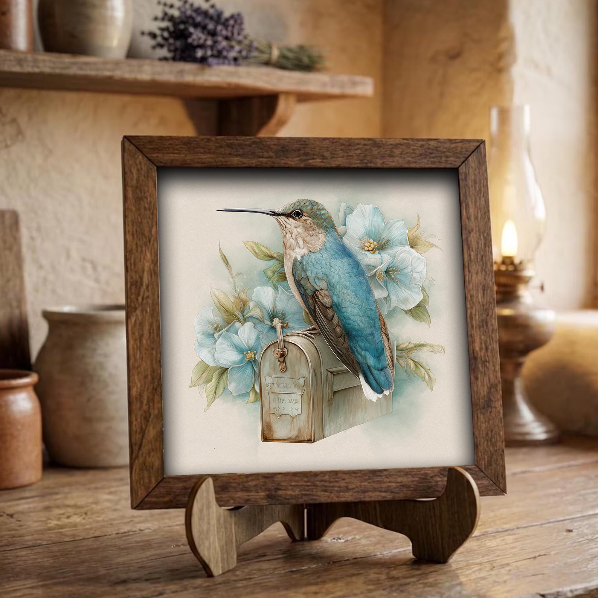 Spring Bird Decor | Blue Hummingbird Farmhouse Decor | Floral Bird Tiered Tray Decor | Rustic Gift Idea - TheGrumpyRooster