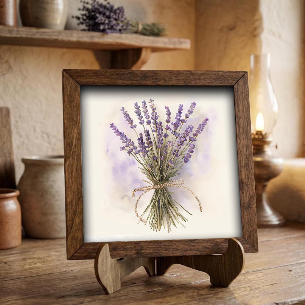 Lavender Bouquet Framed Wood Art | Rustic Farmhouse Shelf Decor (Easel Included) - TheGrumpyRooster