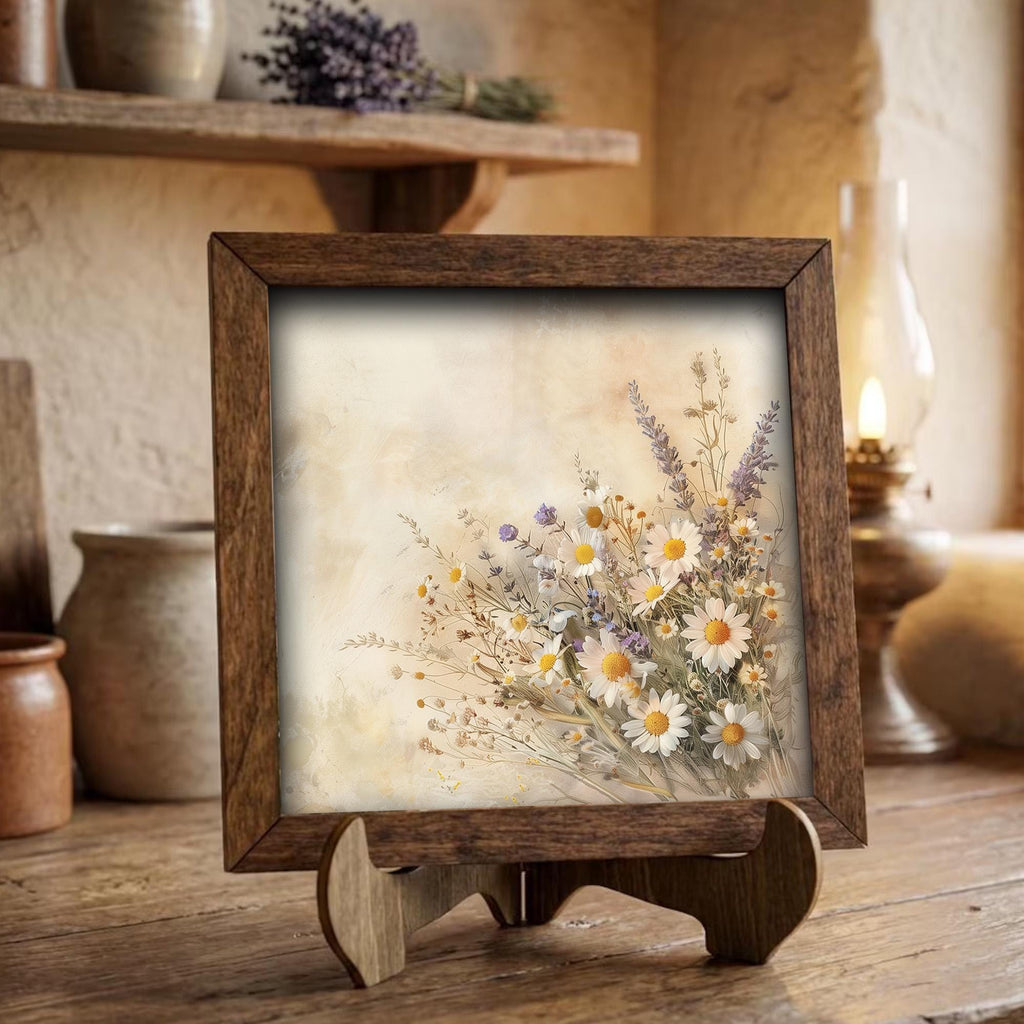 Framed Daisy and Lavender Art Print | Rustic Farmhouse Shelf Decor (Easel Included) - TheGrumpyRooster