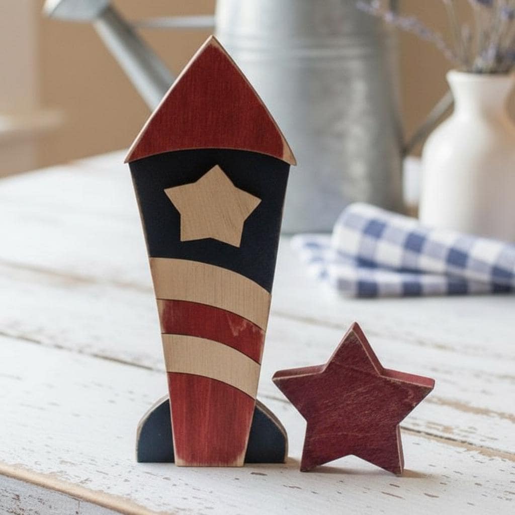 Rustic Patriotic Rocket & Star Shelf Sitters – 4th of July - Independence Day Tiered Tray Decor - TheGrumpyRooster