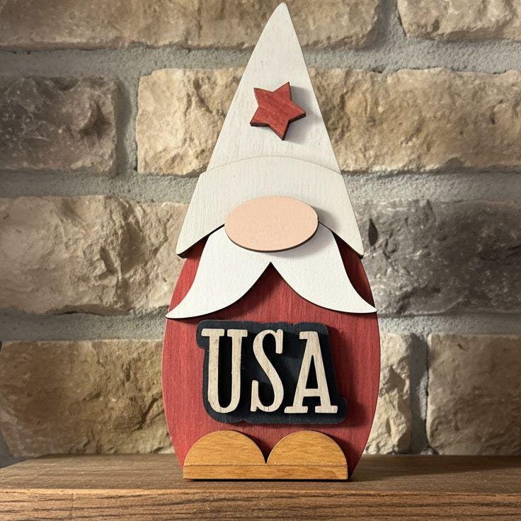 Patriotic USA Gnome Shelf Sitter | Rustic Farmhouse 4th of July Decor | Tiered Tray Americana Decor | Summer Farmhouse Gift - TheGrumpyRooster