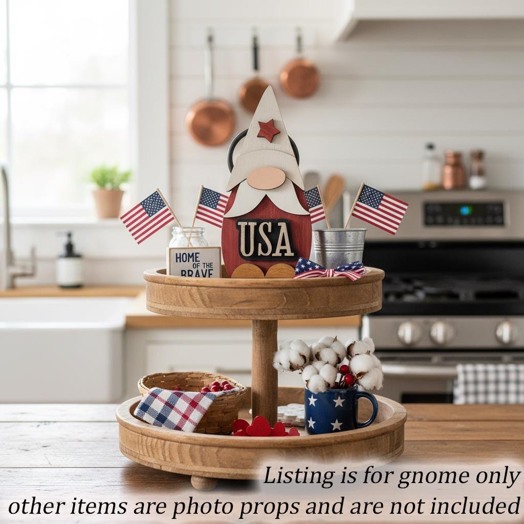 Patriotic USA Gnome Shelf Sitter | Rustic Farmhouse 4th of July Decor | Tiered Tray Americana Decor | Summer Farmhouse Gift - TheGrumpyRooster