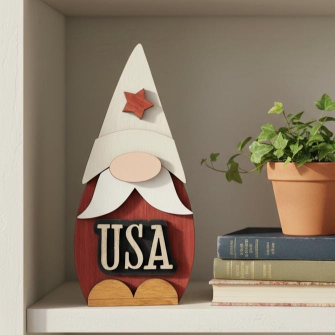 Patriotic USA Gnome Shelf Sitter | Rustic Farmhouse 4th of July Decor | Tiered Tray Americana Decor | Summer Farmhouse Gift - TheGrumpyRooster