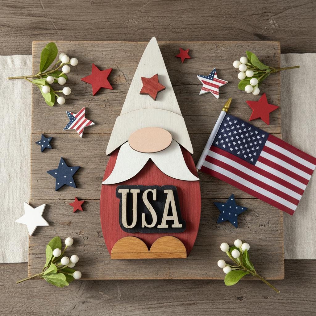 Patriotic USA Gnome Shelf Sitter | Rustic Farmhouse 4th of July Decor | Tiered Tray Americana Decor | Summer Farmhouse Gift - TheGrumpyRooster