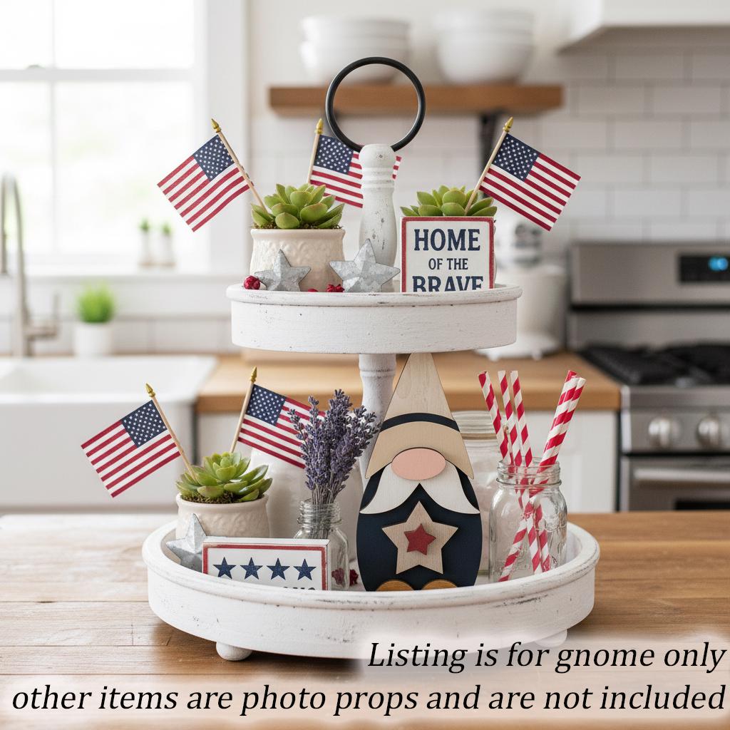 Patriotic Star Gnome Shelf Sitter | Rustic Farmhouse Americana Decor | Tiered Tray 4th of July Decor | Summer Shelf Decor Gift - TheGrumpyRooster
