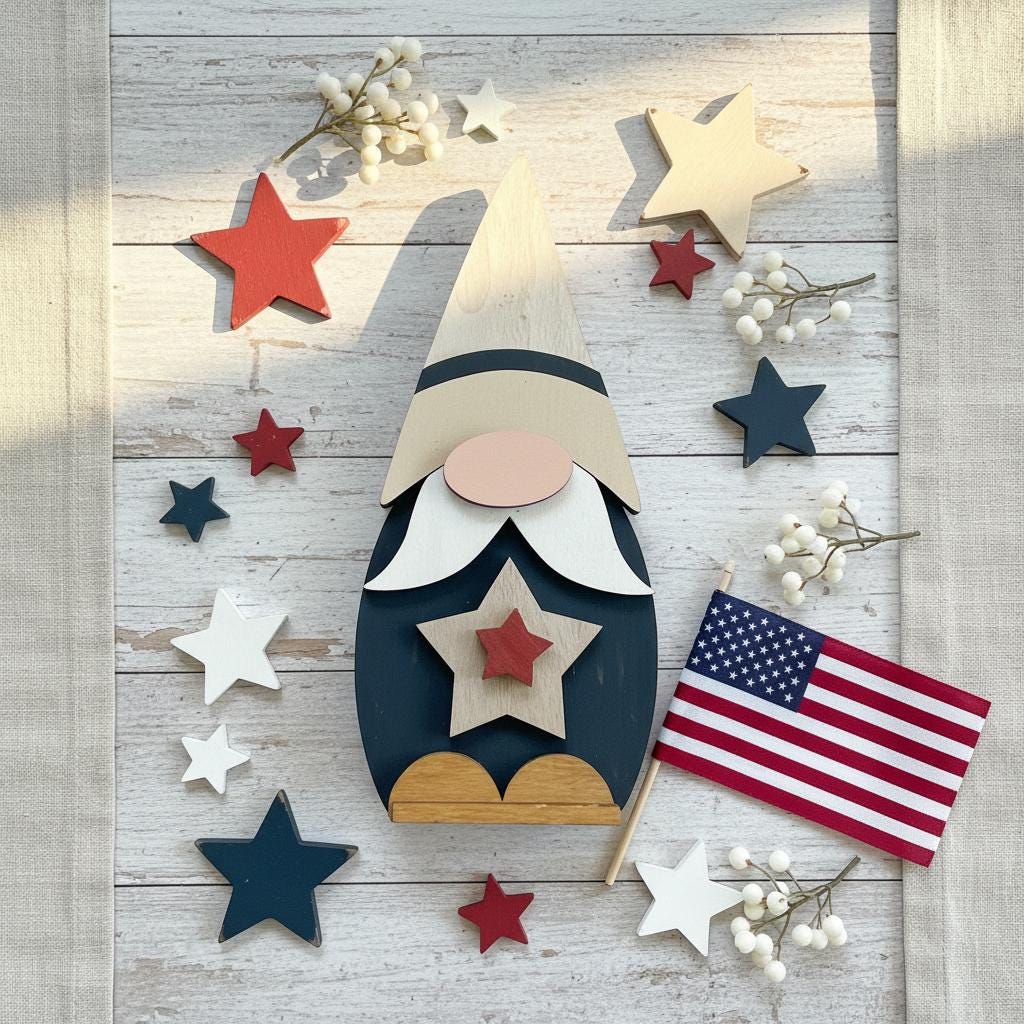 Patriotic Star Gnome Shelf Sitter | Rustic Farmhouse Americana Decor | Tiered Tray 4th of July Decor | Summer Shelf Decor Gift - TheGrumpyRooster