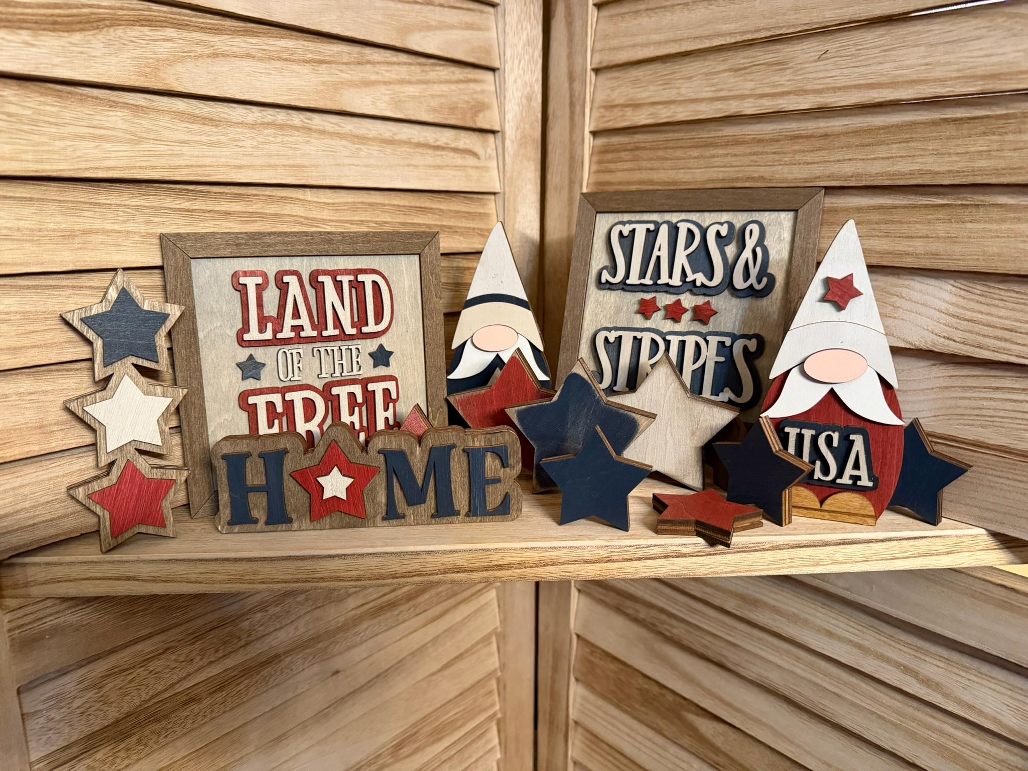 Patriotic Gnome Wood Sign | Farmhouse 4th of July Decor | Rustic Americana Shelf Sitter | Tiered Tray Gnome Gift - TheGrumpyRooster