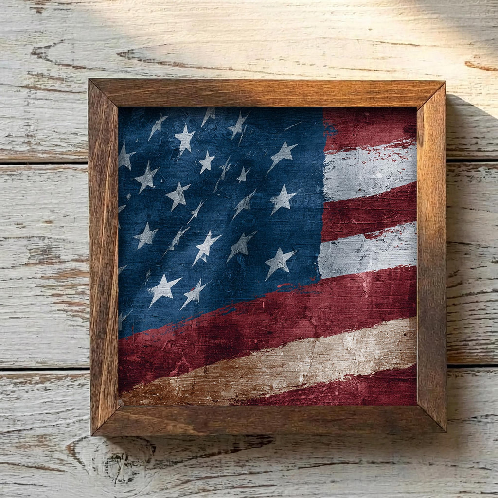 Rustic American Flag Wood Sign | Farmhouse Patriotic Decor | Framed USA Flag Shelf Sitter | 4th of July Farmhouse Gift - TheGrumpyRooster