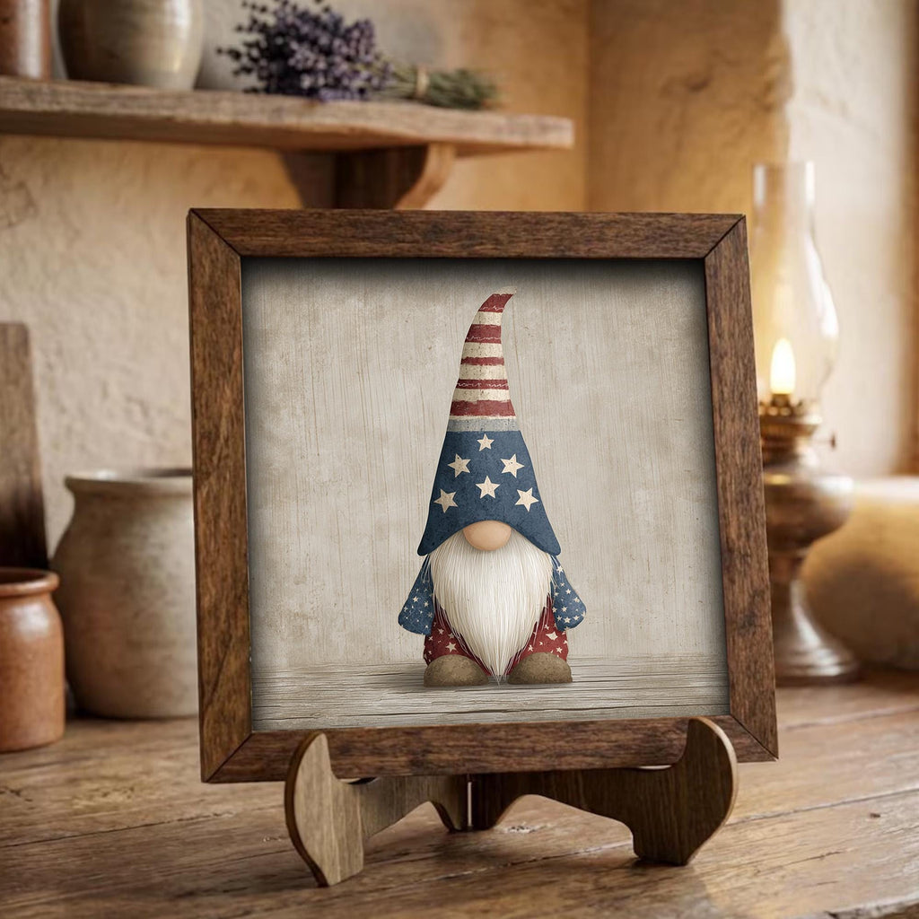 Patriotic Gnome Wood Sign | Farmhouse 4th of July Decor | Rustic Americana Shelf Sitter | Tiered Tray Gnome Gift - TheGrumpyRooster