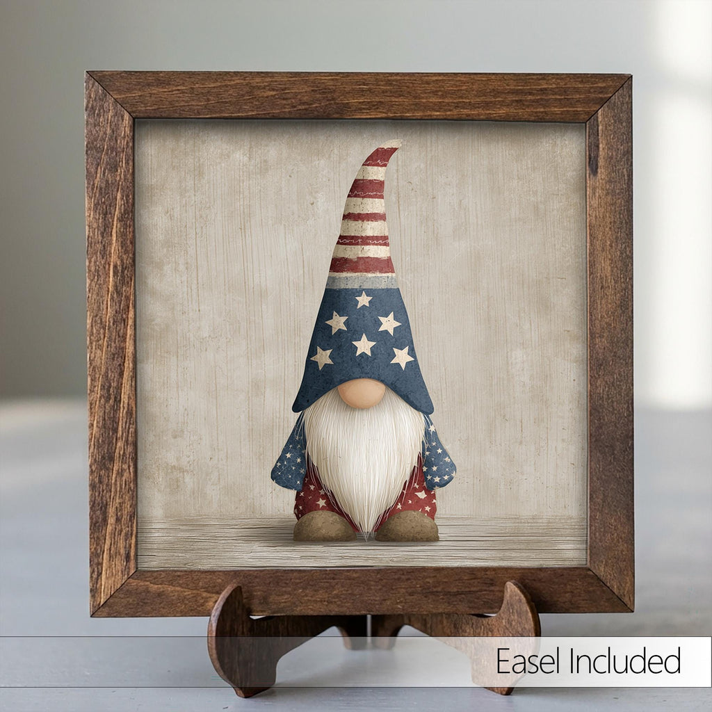 Patriotic Gnome Wood Sign | Farmhouse 4th of July Decor | Rustic Americana Shelf Sitter | Tiered Tray Gnome Gift - TheGrumpyRooster