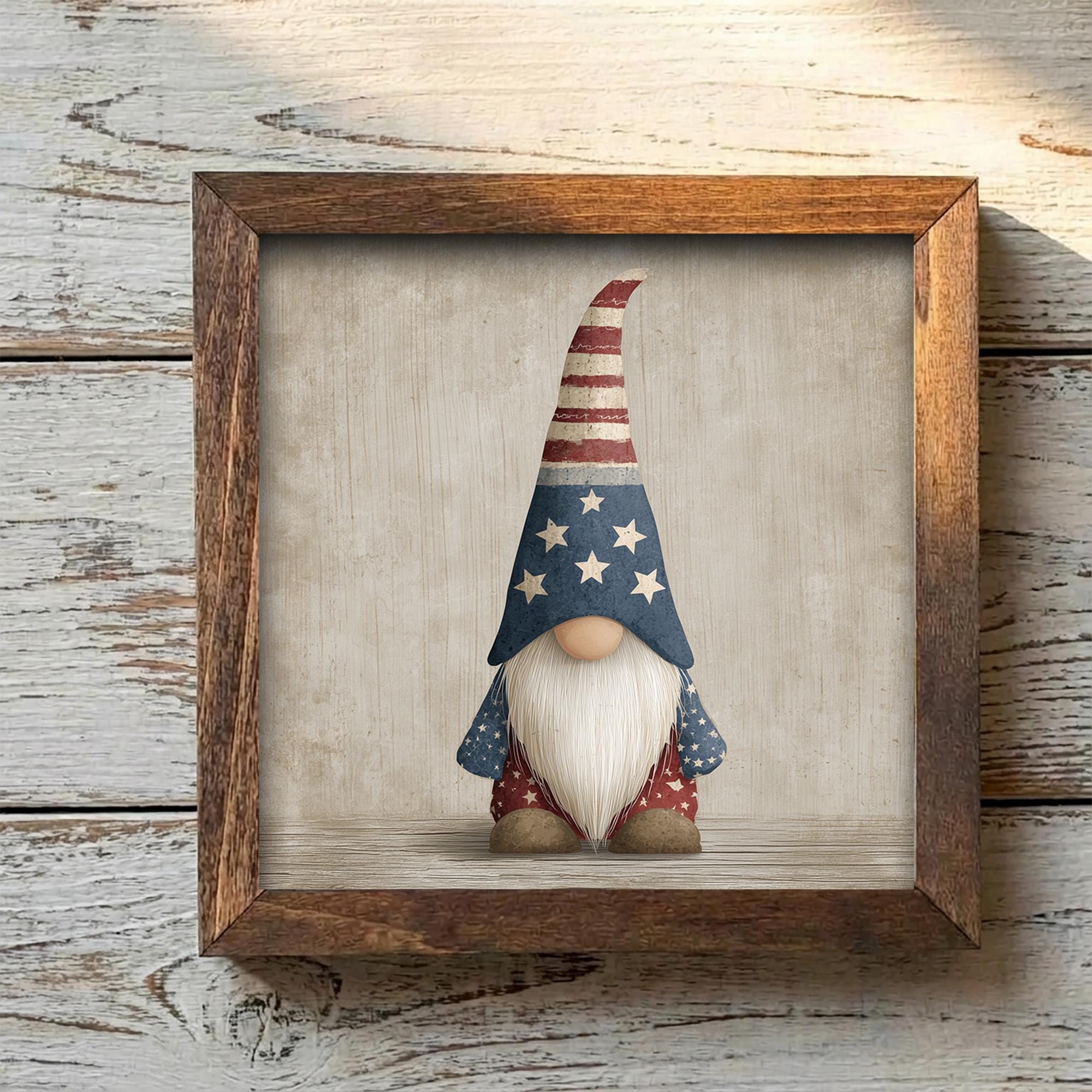 Patriotic Gnome Wood Sign | Farmhouse 4th of July Decor | Rustic Americana Shelf Sitter | Tiered Tray Gnome Gift - TheGrumpyRooster
