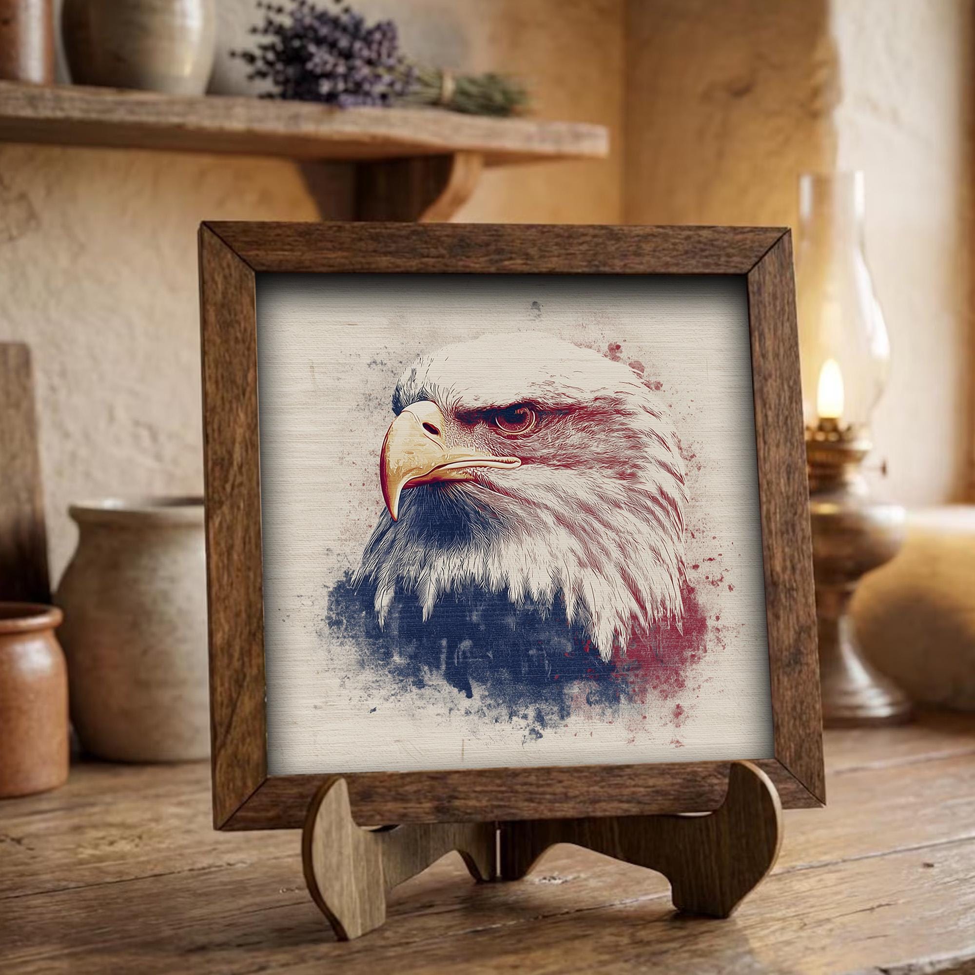 Bald Eagle Wood Sign | Patriotic Farmhouse Decor | Rustic Americana Eagle Art | 4th of July Shelf Sitter Gift - TheGrumpyRooster
