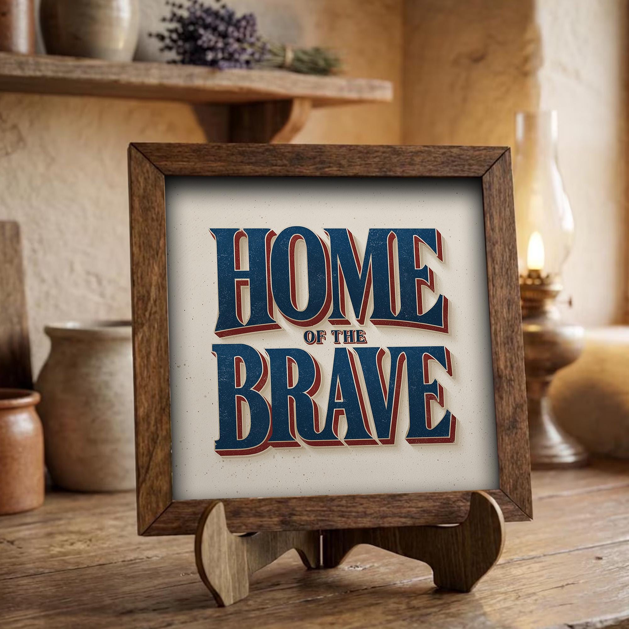 Home of the Brave Wood Sign | Patriotic Farmhouse Decor | Rustic Americana Quote Sign | 4th of July Shelf Sitter Gift - TheGrumpyRooster