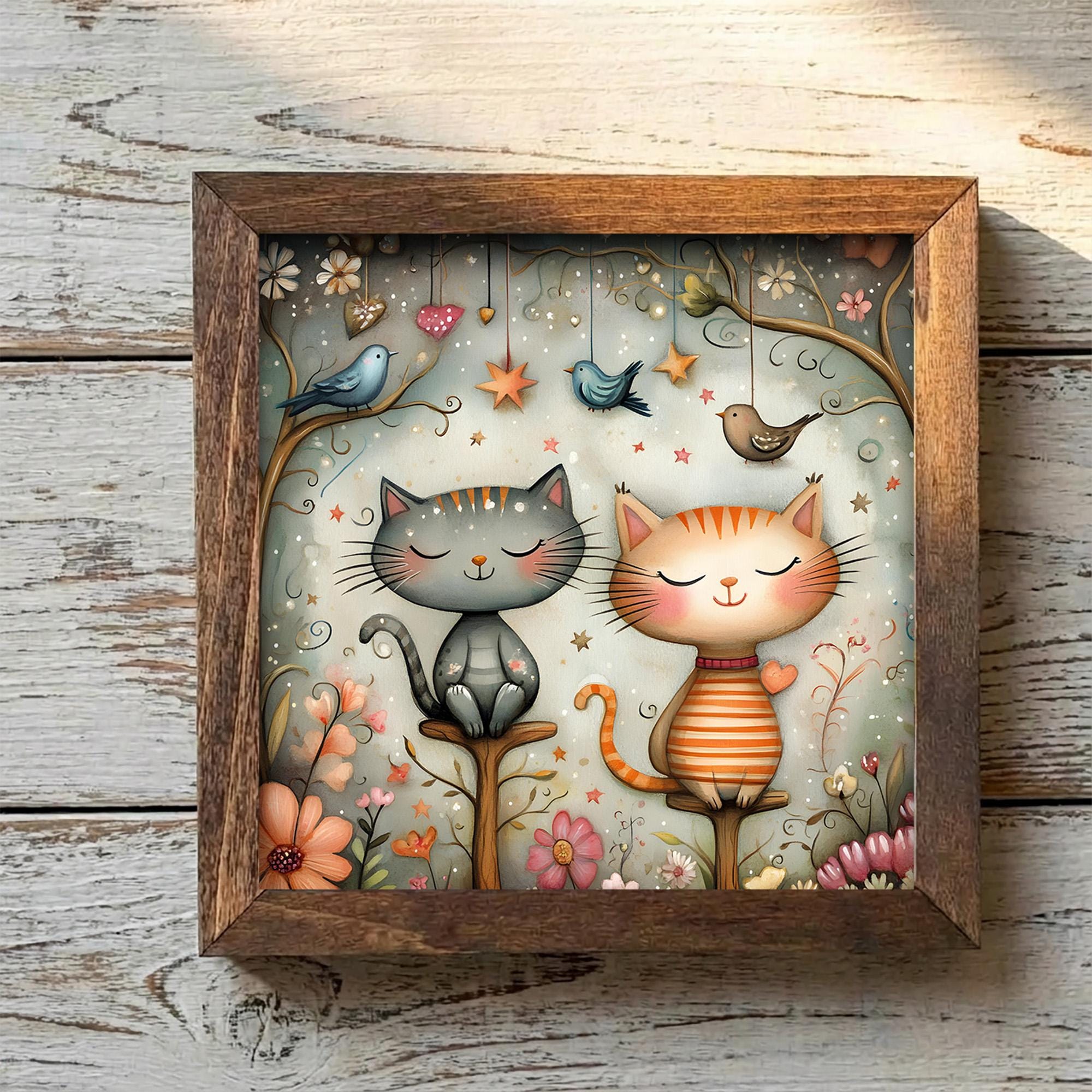 Two Whimsical Cats Framed Art with Easel | Cat Lover Gift | Cat Wall Decor | Folk Art Kitty Sign | Enchanted Garden Cat - TheGrumpyRooster