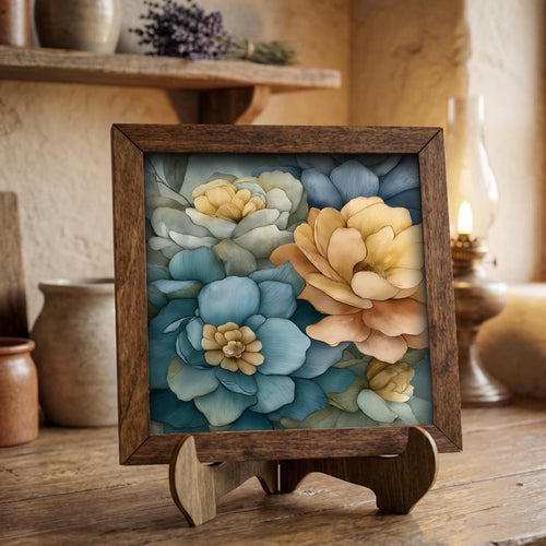 Blue and Yellow Peonies Framed Art with Easel | Floral Wall Decor | Botanical Art | Peony Home Decor | Whimsical Floral Gift - TheGrumpyRooster
