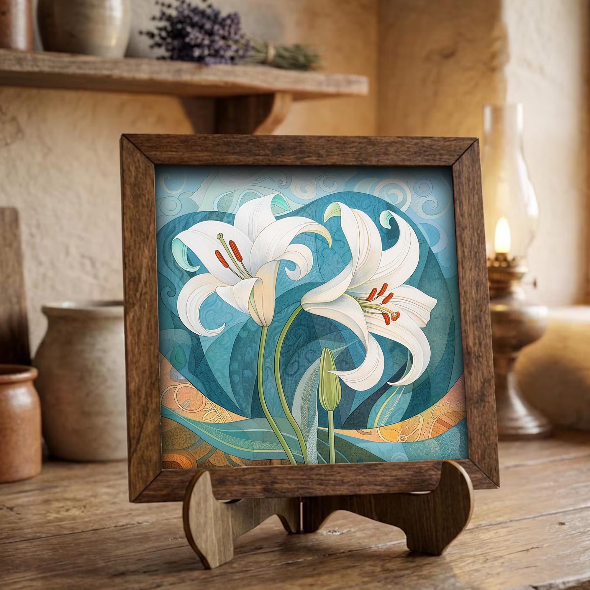 White Lily Art Nouveau Framed Art with Easel | Botanical Wall Decor | Teal Floral Art | Whimsical Lily Sign | Flower Home Decor - TheGrumpyRooster