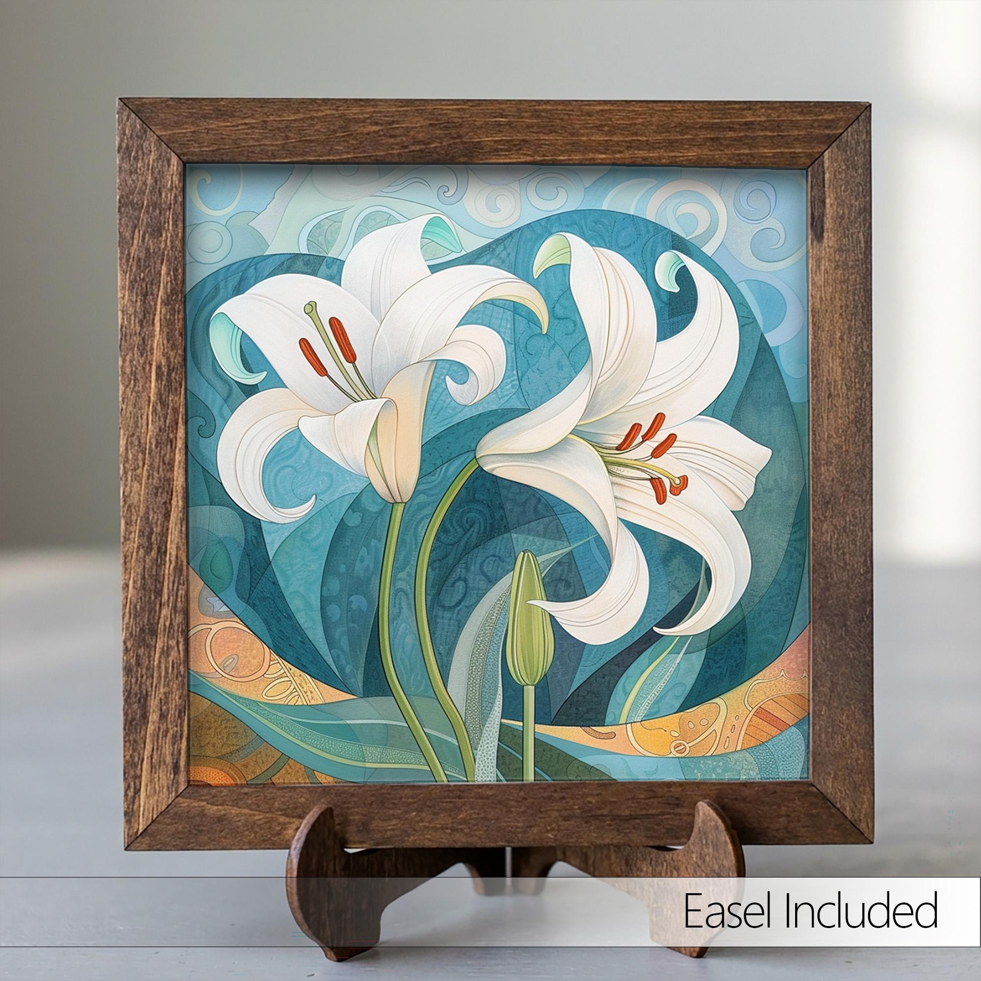 White Lily Art Nouveau Framed Art with Easel | Botanical Wall Decor | Teal Floral Art | Whimsical Lily Sign | Flower Home Decor - TheGrumpyRooster