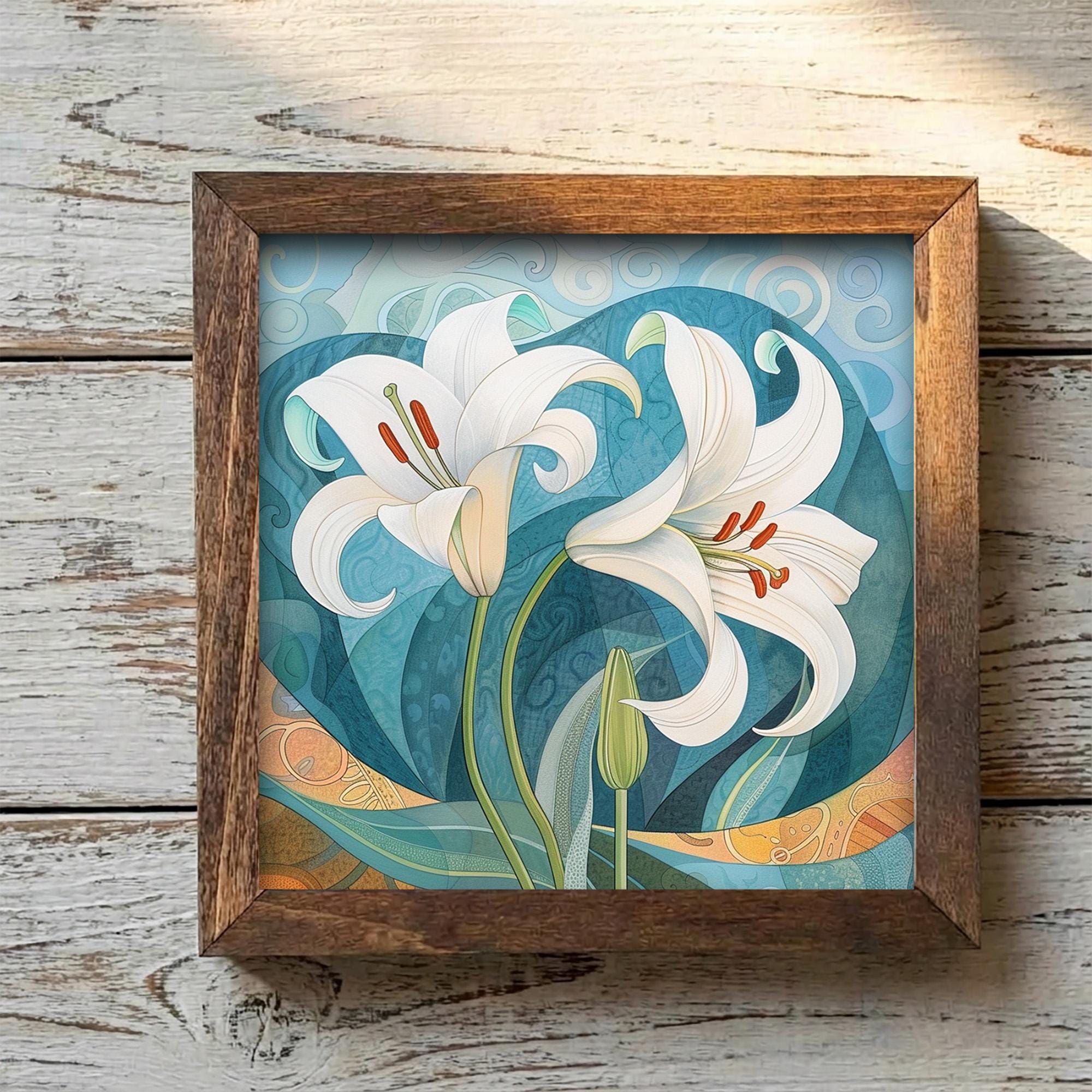 White Lily Art Nouveau Framed Art with Easel | Botanical Wall Decor | Teal Floral Art | Whimsical Lily Sign | Flower Home Decor - TheGrumpyRooster