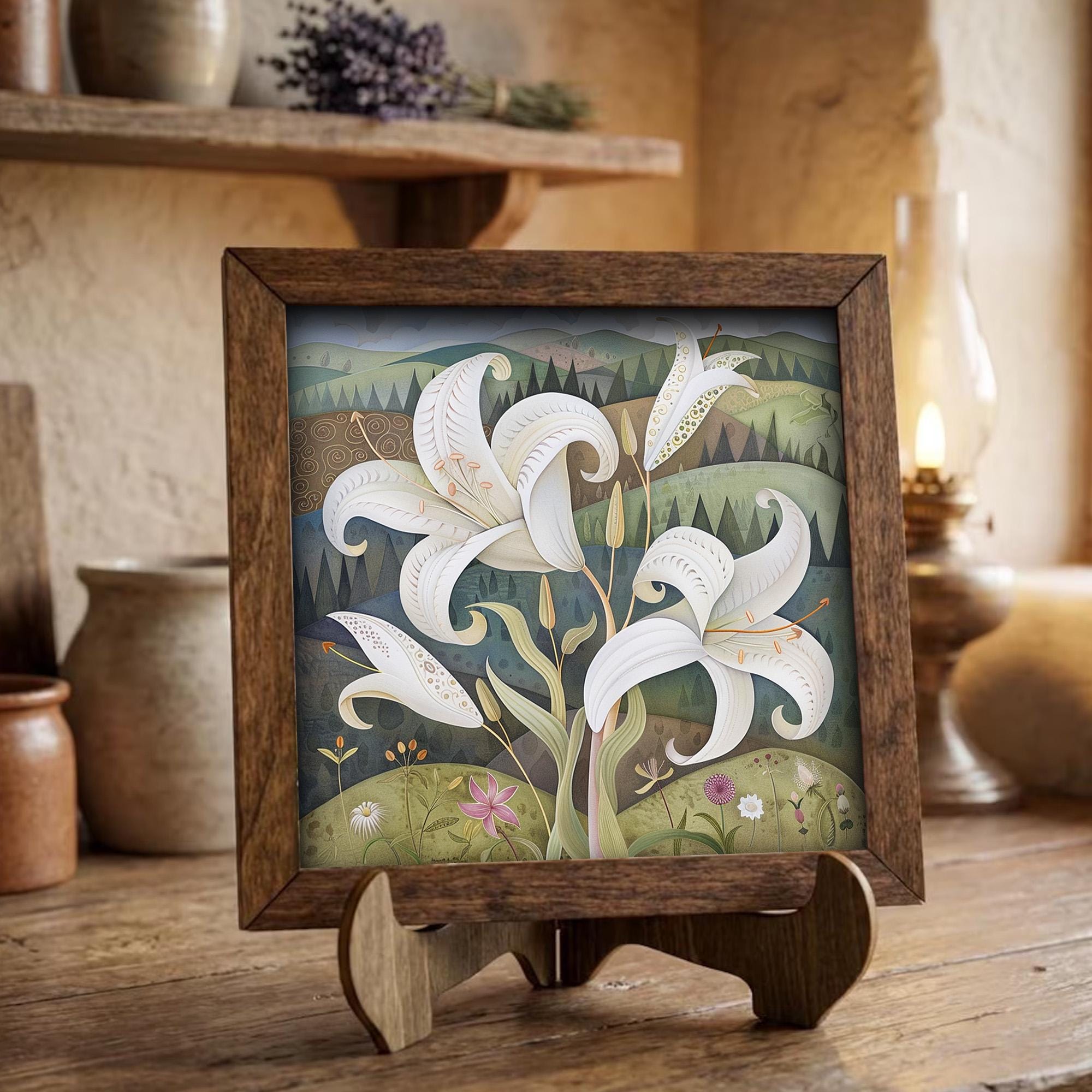Countryside White Lily Framed Art with Easel | Folk Art Floral Decor | Whimsical Lily Wall Art | Botanical Sign | Flower Gift - TheGrumpyRooster