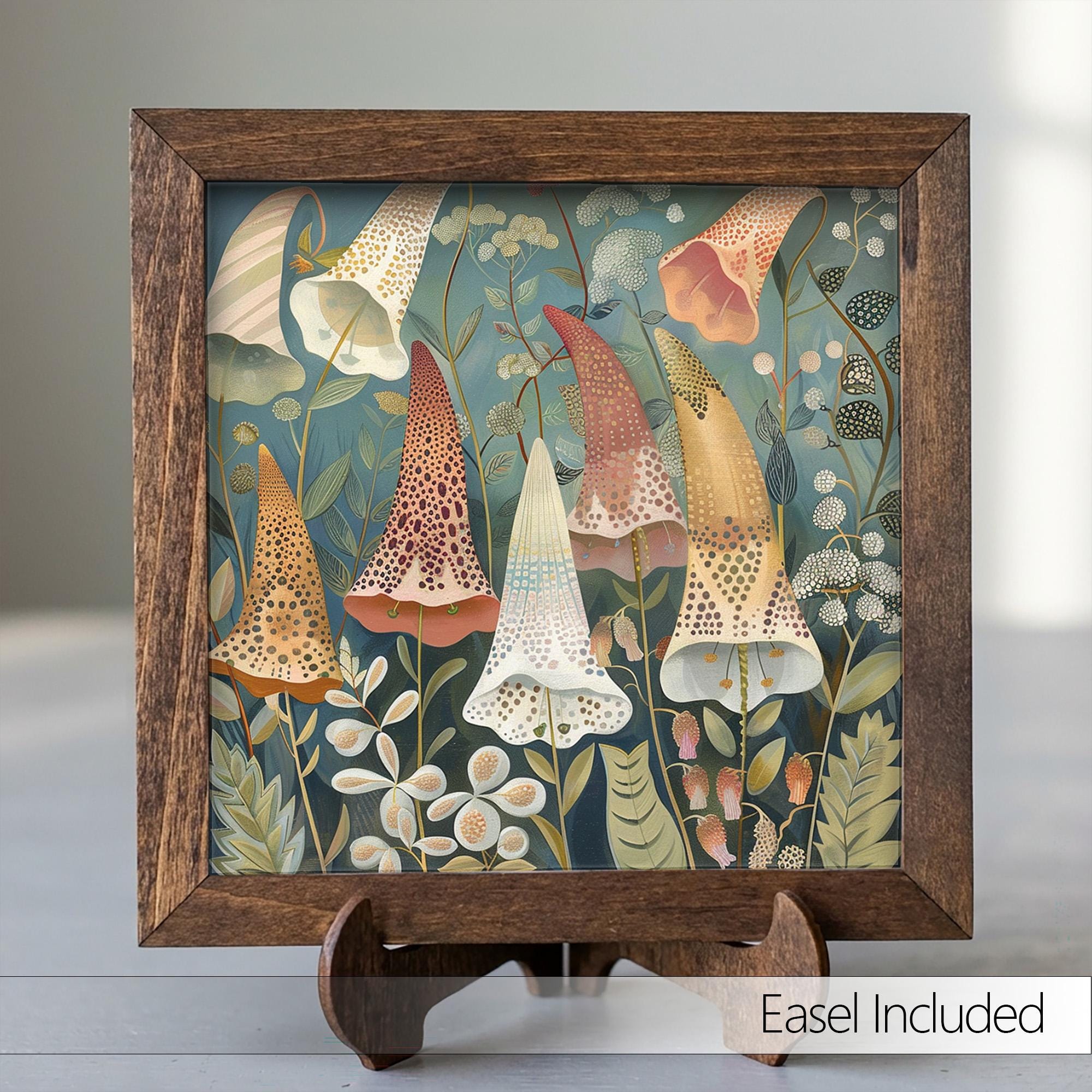 Whimsical Foxglove Garden Framed Art with Easel | Botanical Wall Art | Teal Floral Decor | Folk Art Flower Sign | Whimsical Gift - TheGrumpyRooster
