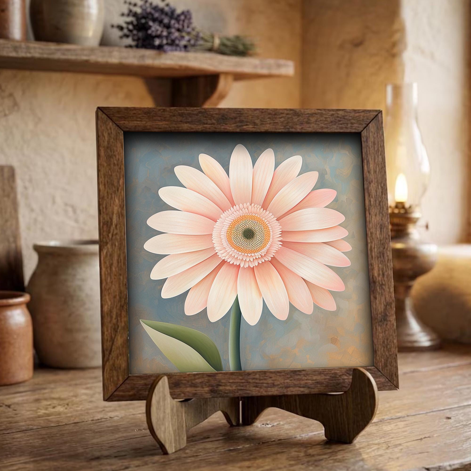 Peach Gerbera Daisy Framed Art with Easel | Floral Wall Decor | Soft Flower Art | Botanical Daisy Sign | Pastel Home Decor - TheGrumpyRooster