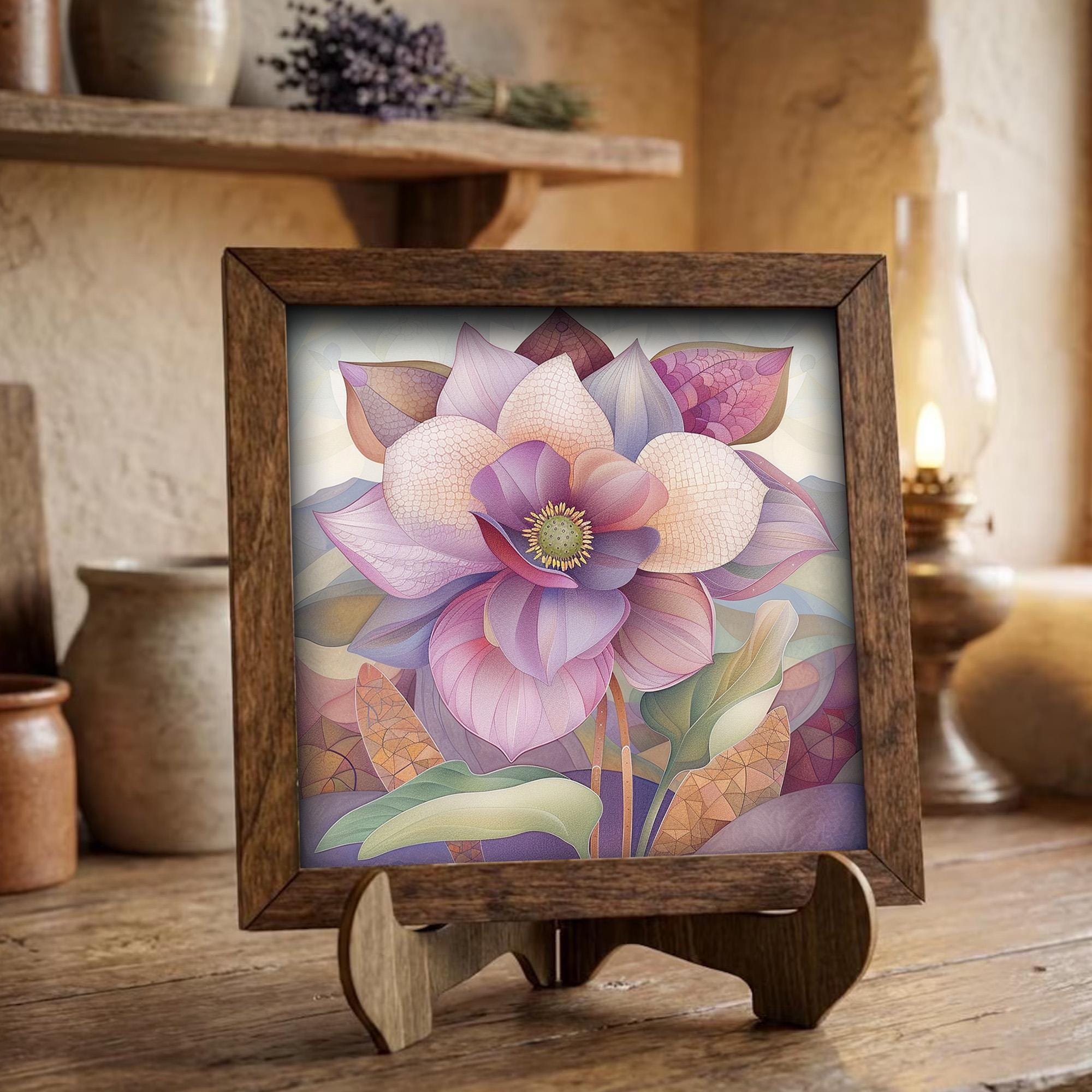 Purple Magnolia Bloom Framed Art with Easel | Floral Wall Decor | Botanical Purple Art | Flower Home Decor | Whimsical Floral Gift - TheGrumpyRooster