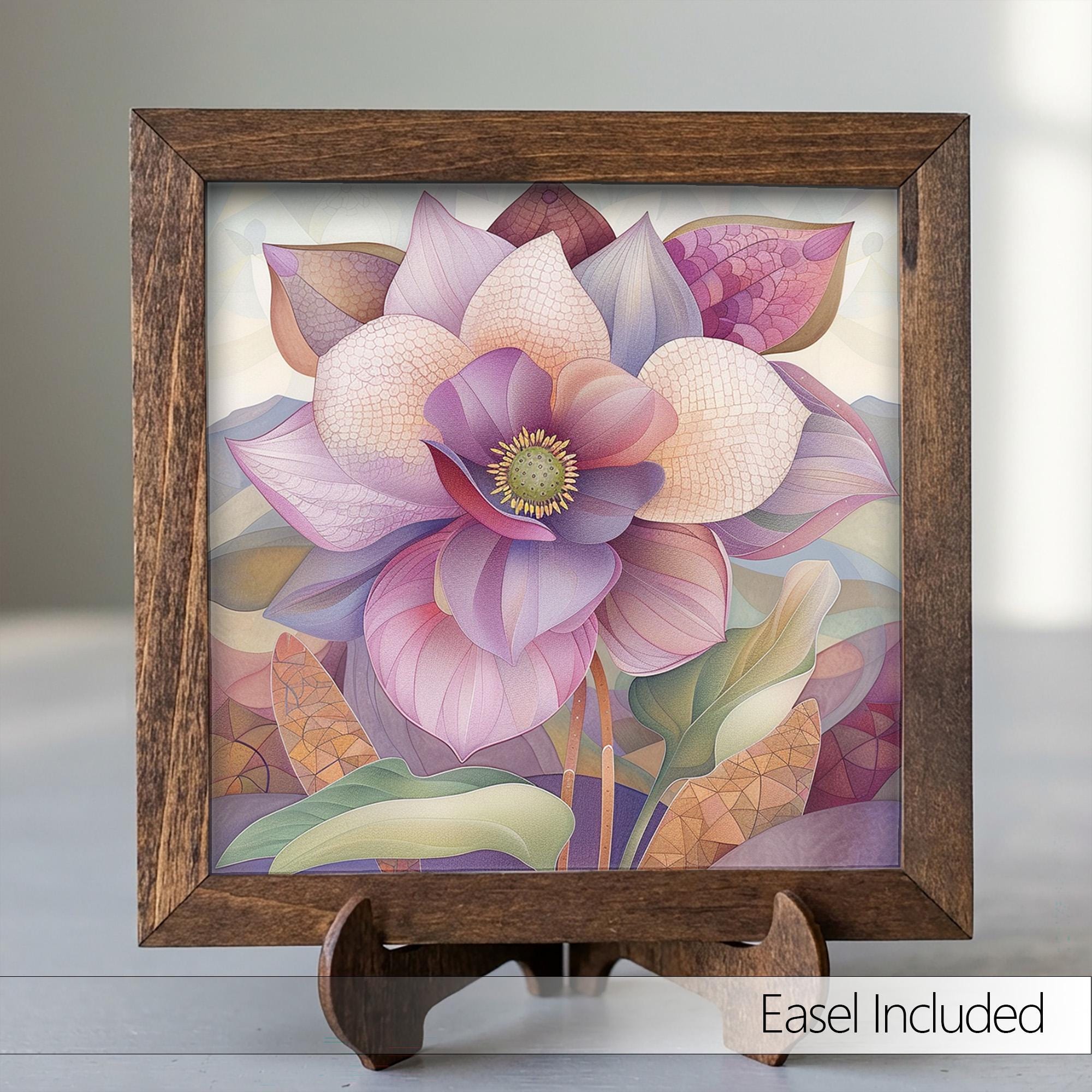 Purple Magnolia Bloom Framed Art with Easel | Floral Wall Decor | Botanical Purple Art | Flower Home Decor | Whimsical Floral Gift - TheGrumpyRooster
