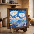 Whimsical White Cosmos Framed Art | Blue Night Sky Wall Decor | Floral Easel Sign | Botanical Home Decor Gift - TheGrumpyRooster