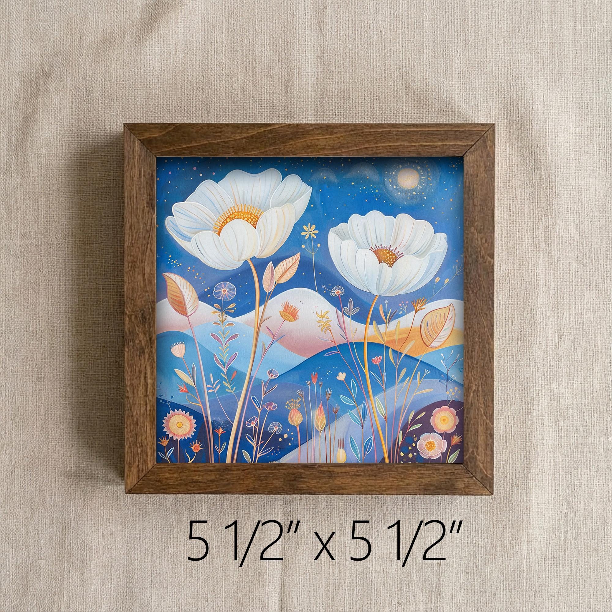 Whimsical White Cosmos Framed Art | Blue Night Sky Wall Decor | Floral Easel Sign | Botanical Home Decor Gift - TheGrumpyRooster