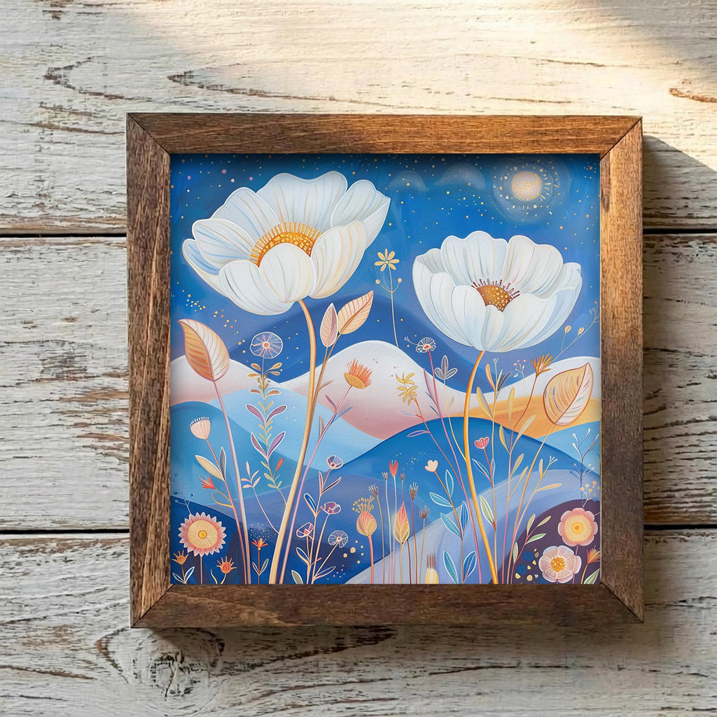 Whimsical White Cosmos Framed Art | Blue Night Sky Wall Decor | Floral Easel Sign | Botanical Home Decor Gift - TheGrumpyRooster