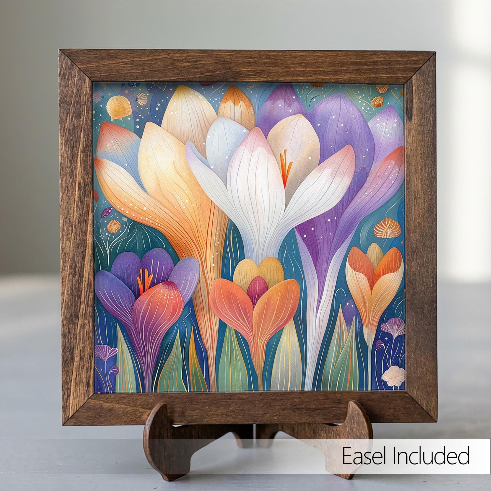 Whimsical Crocus Garden Framed Art | Spring Flower Wall Decor | Colorful Floral Easel Sign | Botanical Home Decor - TheGrumpyRooster