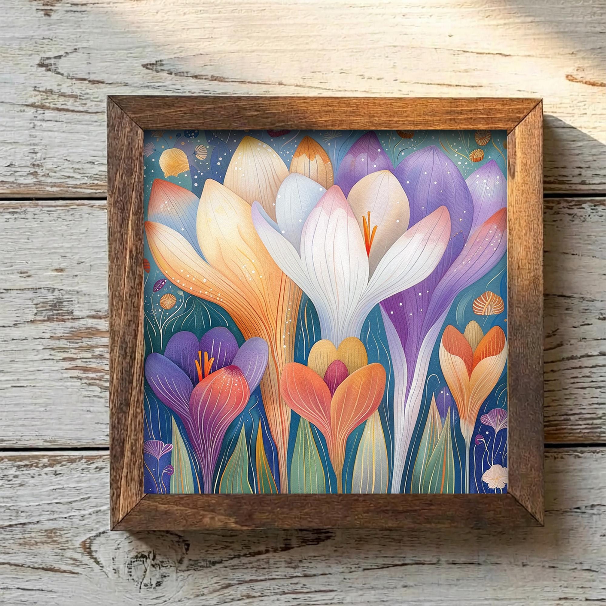 Whimsical Crocus Garden Framed Art | Spring Flower Wall Decor | Colorful Floral Easel Sign | Botanical Home Decor - TheGrumpyRooster