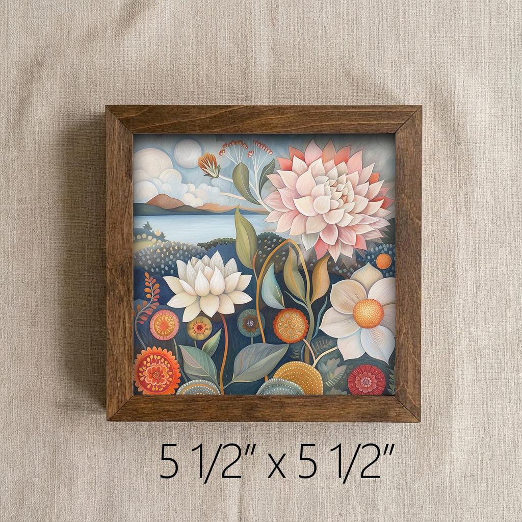 Whimsical Folk Floral Landscape Framed Art | Dahlia Wall Decor | Floral Easel Sign | Botanical Home Decor Gift - TheGrumpyRooster