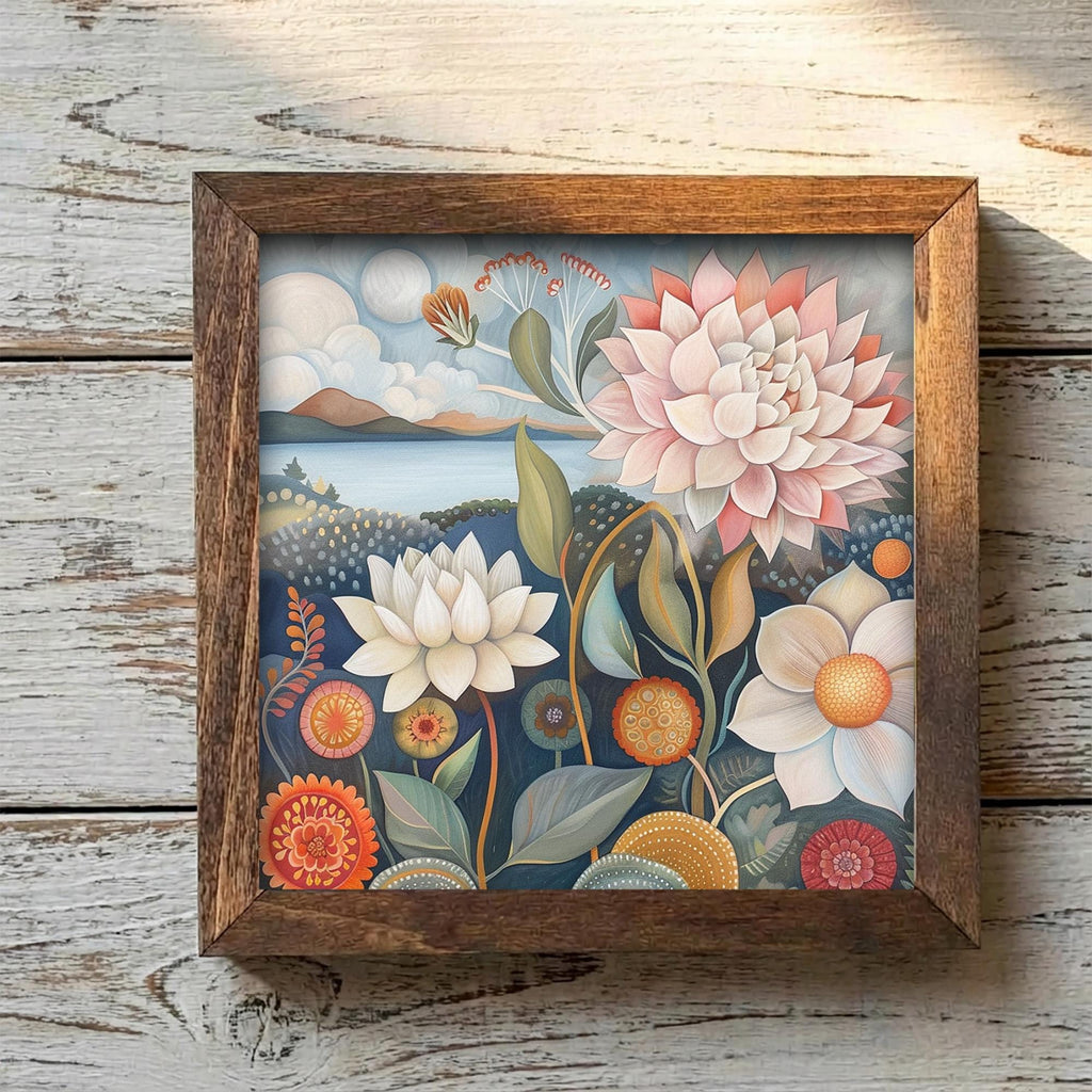 Whimsical Folk Floral Landscape Framed Art | Dahlia Wall Decor | Floral Easel Sign | Botanical Home Decor Gift - TheGrumpyRooster
